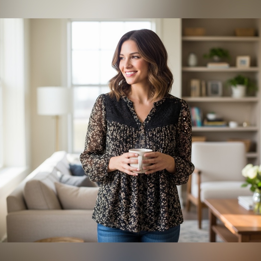 Miss Me Black Lace Ditsy Floral Gypsy Boho Button Down Peasant Blouse